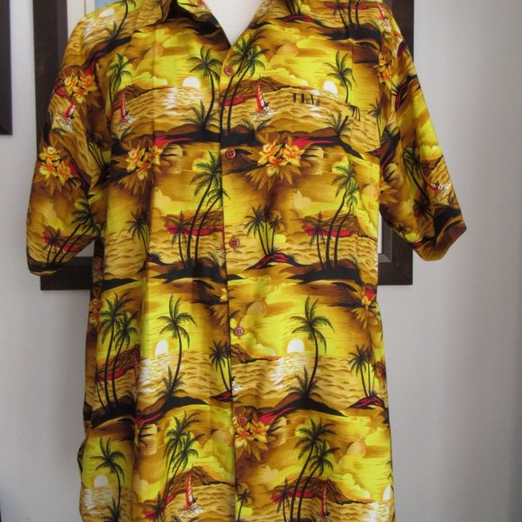 Vintage Hawaiian Shirt Men's XXL Button-Up Sunset Sailing Floral Palm Trees Nice - Picture 2 of 12